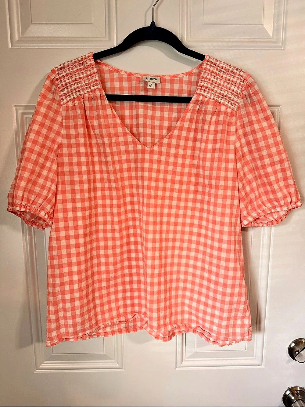J.Crew Gingham Short Sleeve Blouse in Pink & White Size Large Like new